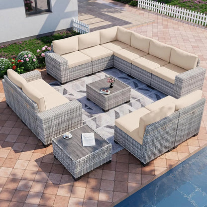 12-Piece Outdoor Wicker Patio Furniture Set, Sectional Sofa Conversation Set with Thick Cushions & Side Table