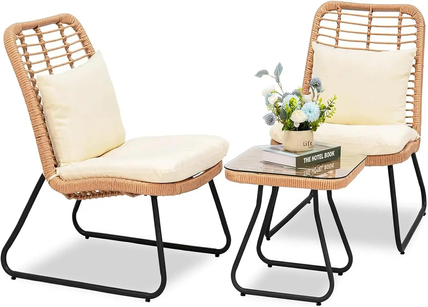3-Piece Outdoor Wicker Bistro Set, 2 Rattan Chairs with Tempered Glass Table