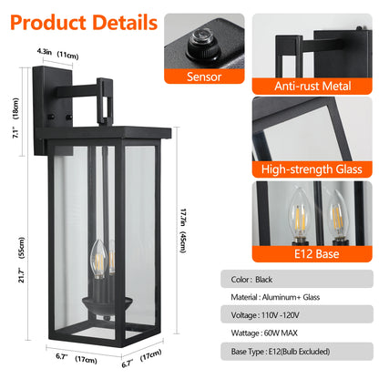 22" Outdoor Wall Lantern – Dusk-to-Dawn Sensor, Matte Black with Clear Glass Panels