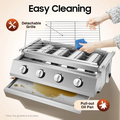 Stainless Steel Smokeless Barbecue Grill, 4 Burners, Outdoor Grill, Portable BBQ LPG Gas Removable Grill for Patio Garden.