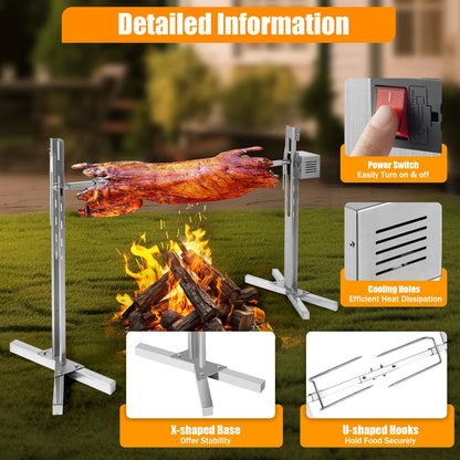 Electric Stainless Steel Rotisserie Grill – 360° Rotation, Adjustable Height for Outdoor Cooking