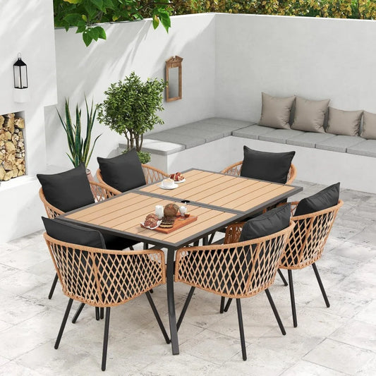 All-Weather Rattan Patio Dining Set with 60" Wood Tabletop, Cushions & Umbrella Hole (5/7/9-Piece)