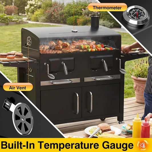 63" Charcoal BBQ Grill & Smoker with Dual Lifting Charcoal Trays