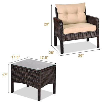 3-Piece Outdoor PE Rattan Bistro Set with Cushions, All-Weather Design