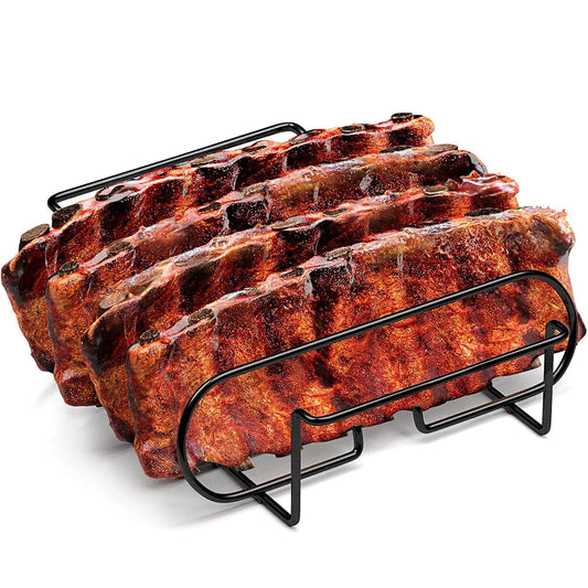 BBQ Rib Rack for Grill – Non-Stick Steel Roasting Stand Holds 4 Ribs