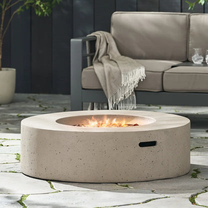 M138 Round Outdoor Concrete Propane Fire Pit-Modern Light Grey for Patio- Garden and Backyard. No Assembly Needed for Camping