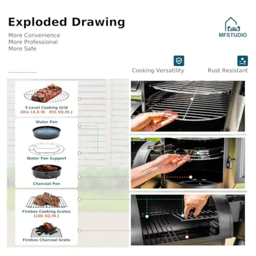 Extra-Large Vertical Offset Charcoal Smoker Grill Combo with Hanging Racks & 5 Removable Grates