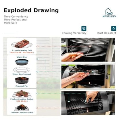 Extra-Large Vertical Offset Charcoal Smoker Grill Combo with Hanging Racks & 5 Removable Grates