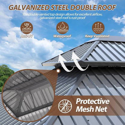 10 X 12ft Hardtop Gazebo, Galvanized Steel Double Roof Gazebo with Nettings and Curtains, Outdoor Aluminum, Customization Available to Your Liking.
