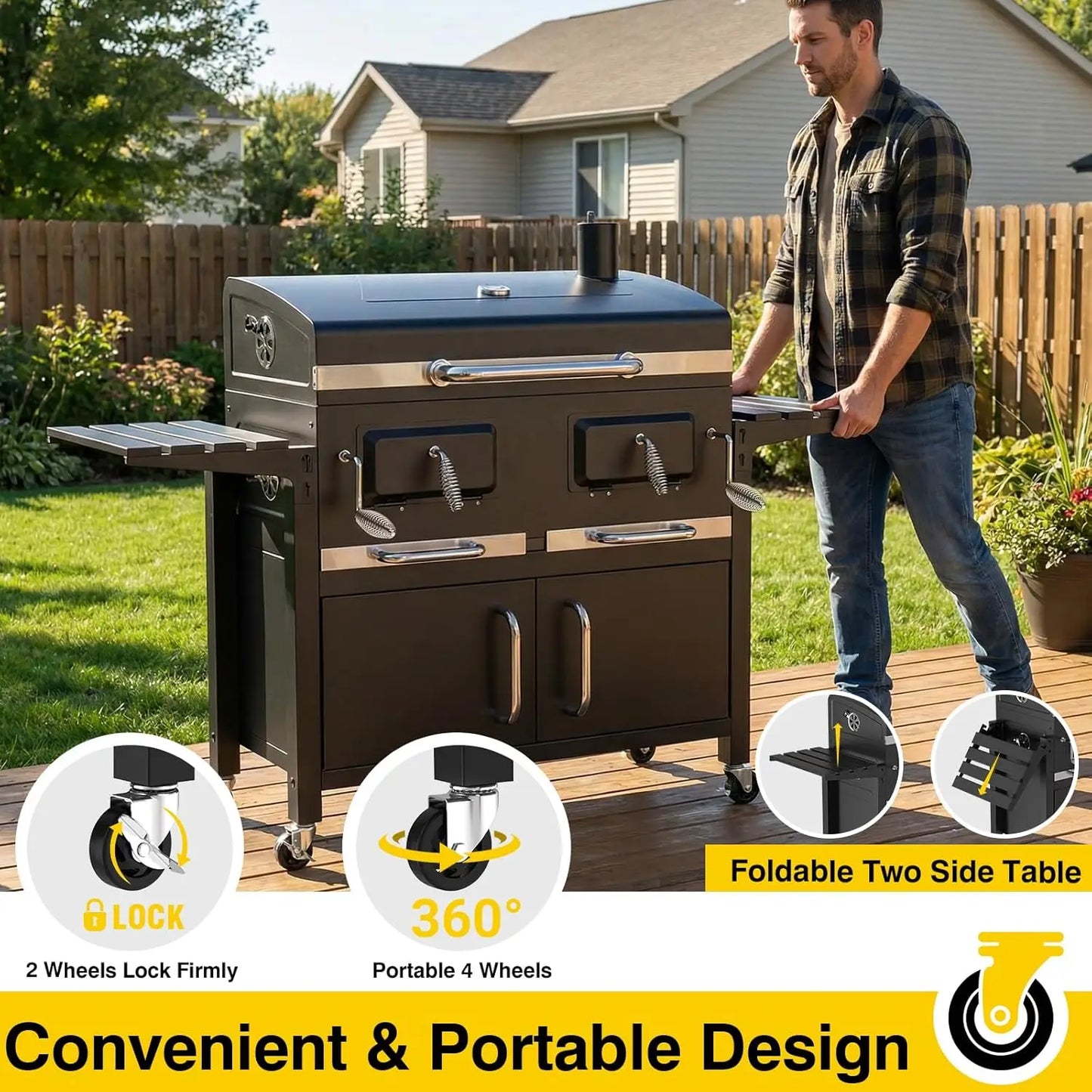 63" Charcoal BBQ Grill & Smoker with Dual Lifting Charcoal Trays