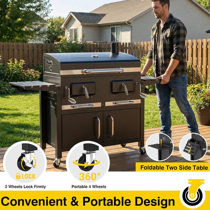 63" Charcoal BBQ Grill & Smoker with Dual Lifting Charcoal Trays