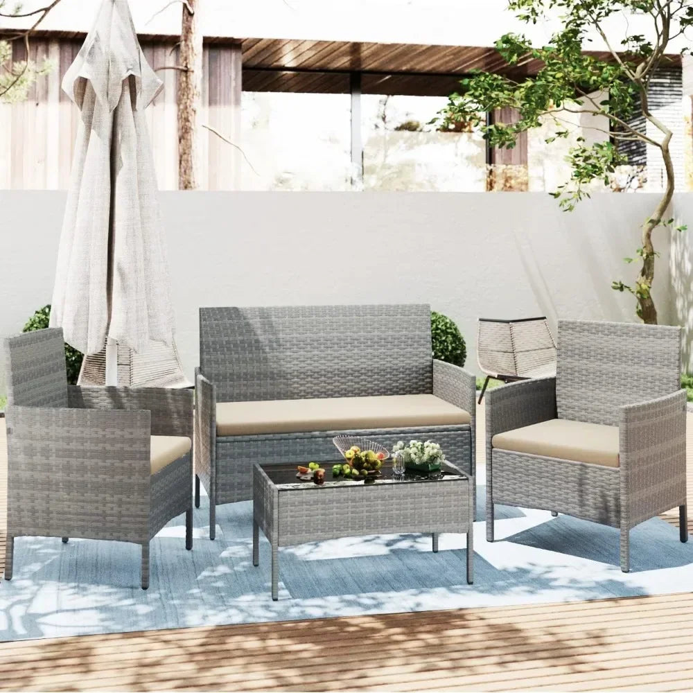 4-Piece Outdoor Patio Furniture Set, Wicker Rattan Conversation Set for Garden, Backyard & Balcony