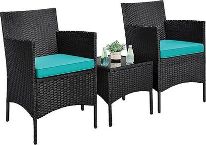 3-Piece Outdoor Patio Furniture Set, PE Rattan Wicker Conversation Set with Soft Cushions & Glass Coffee Table