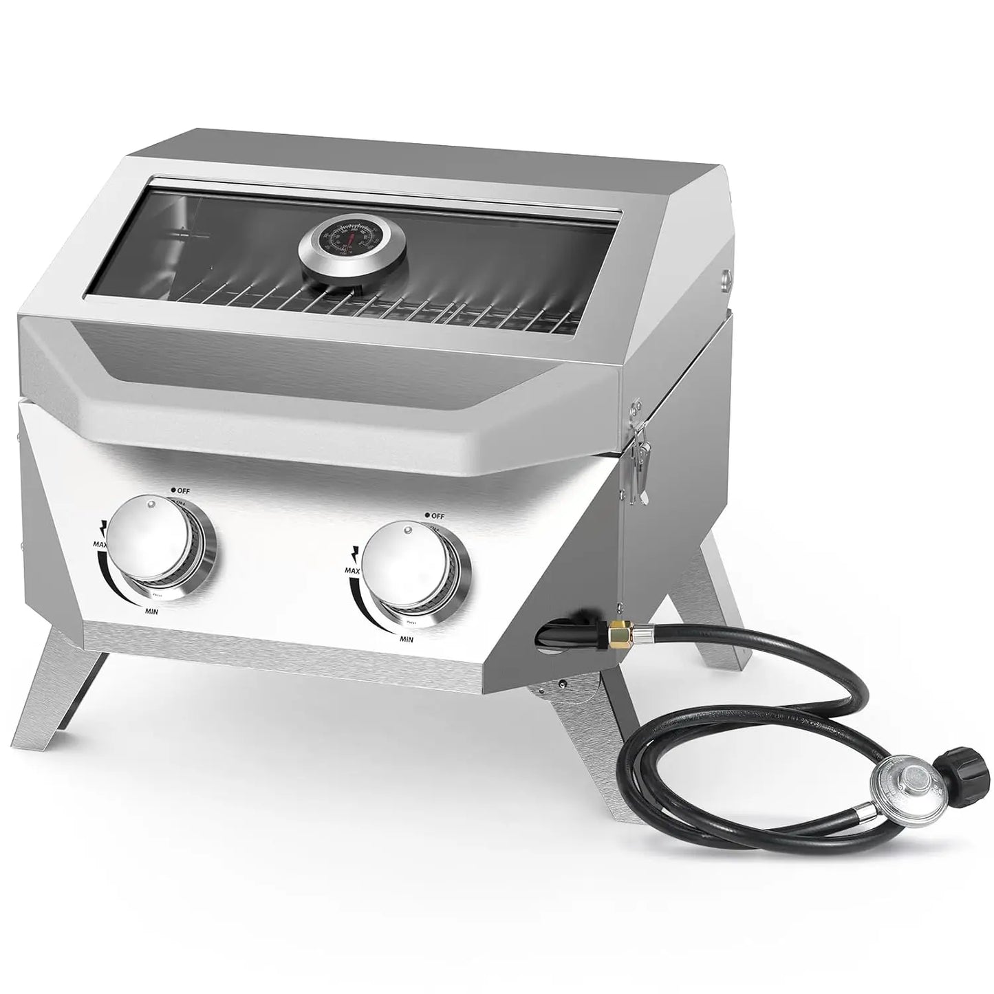 20000 BTU 2-Burner Tabletop Gas Grill – Stainless Steel Grill with Glass Lid, Portable Outdoor Cooking Grill