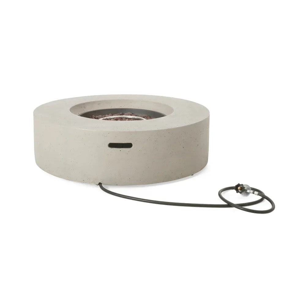 M138 Round Outdoor Concrete Propane Fire Pit-Modern Light Grey for Patio- Garden and Backyard. No Assembly Needed for Camping