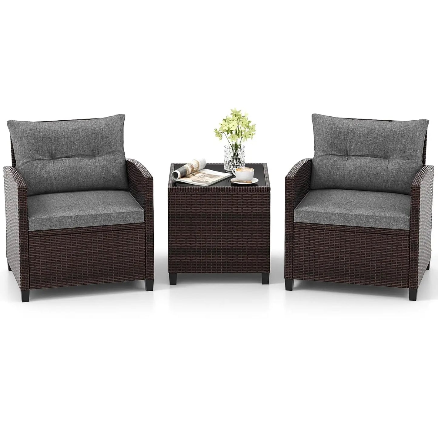 3-Piece Patio Furniture Set – PE Rattan Wicker Sofa Set with Washable Cushions & Tempered Glass Table