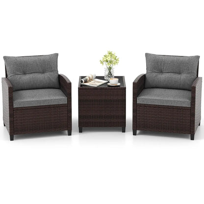 3-Piece Patio Furniture Set – PE Rattan Wicker Sofa Set with Washable Cushions & Tempered Glass Table