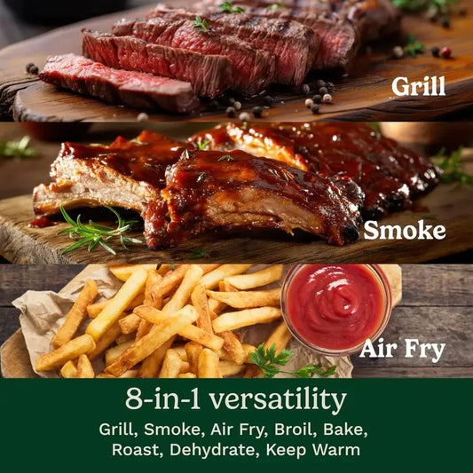 8-in-1 Outdoor Electric Grill – Portable BBQ Smoker & Air Fryer, Cooks up to 6 Steaks, Versatile Cooking System
