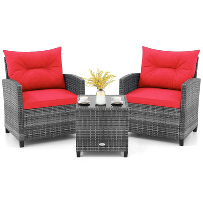3-Piece Patio Rattan Conversation Set with Washable Cushions & Glass Table