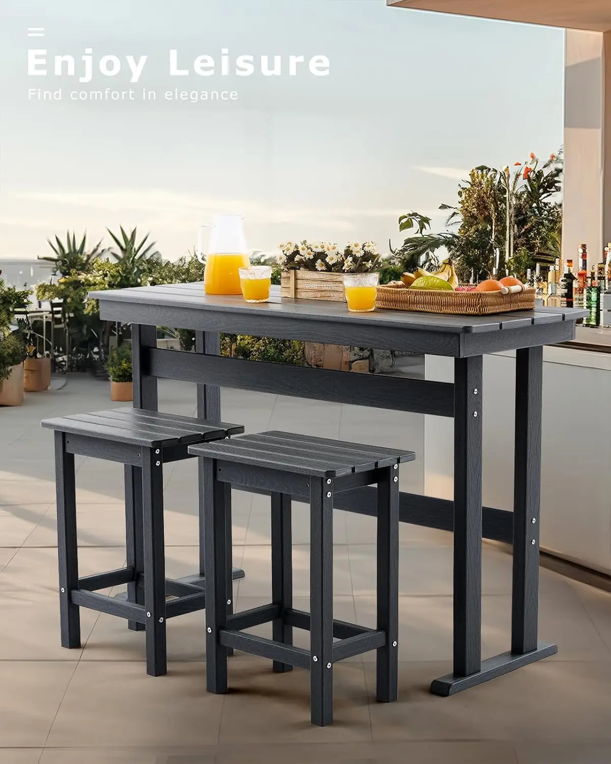 3-Piece Outdoor Bar Set – HDPE High-Top Table & 2 Chairs for Patio, Balcony, or Poolside (Gray)
