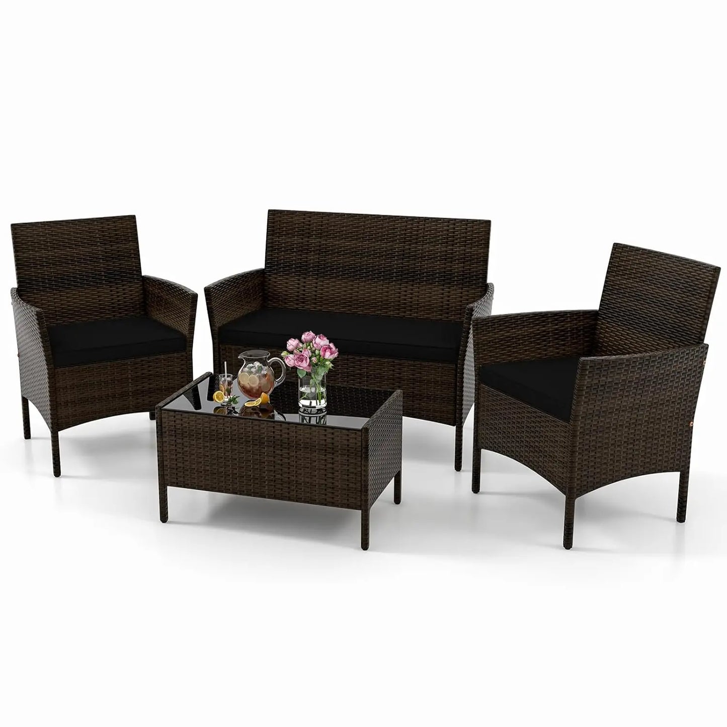 4-Piece Outdoor Rattan Patio Set – Conversation Set with Loveseat, Wicker Chairs & Tempered Glass Coffee Table