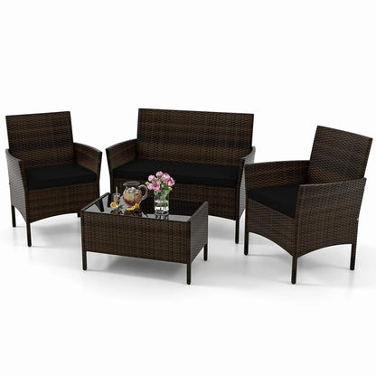 4-Piece Outdoor Rattan Patio Set – Conversation Set with Loveseat, Wicker Chairs & Tempered Glass Coffee Table