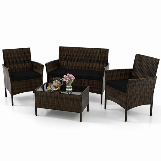 4-Piece Outdoor Rattan Patio Set – Conversation Set with Loveseat, Wicker Chairs & Tempered Glass Coffee Table
