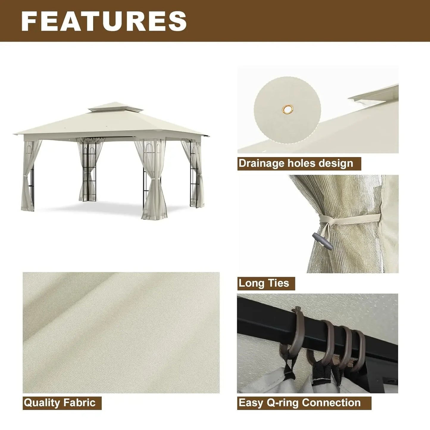 10' x 12' Outdoor Soft-Top Gazebo with Double Roof, Netting & All-Weather Design