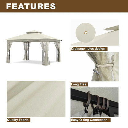 10' x 12' Outdoor Soft-Top Gazebo with Double Roof, Netting & All-Weather Design