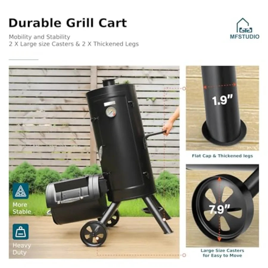 Extra-Large Vertical Offset Charcoal Smoker Grill Combo with Hanging Racks & 5 Removable Grates