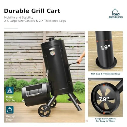 Extra-Large Vertical Offset Charcoal Smoker Grill Combo with Hanging Racks & 5 Removable Grates
