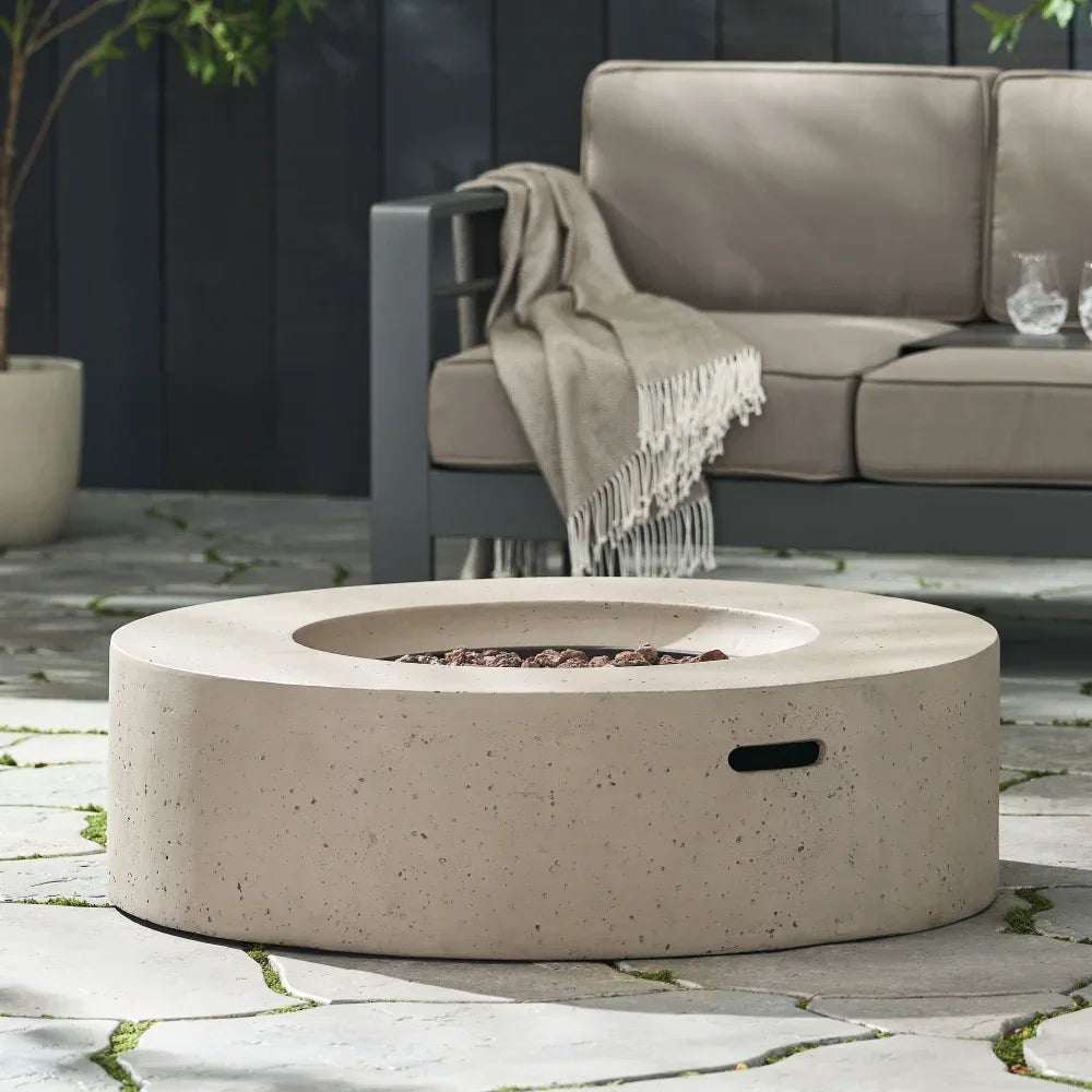 M138 Round Outdoor Concrete Propane Fire Pit-Modern Light Grey for Patio- Garden and Backyard. No Assembly Needed for Camping