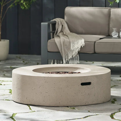 M138 Round Outdoor Concrete Propane Fire Pit-Modern Light Grey for Patio- Garden and Backyard. No Assembly Needed for Camping