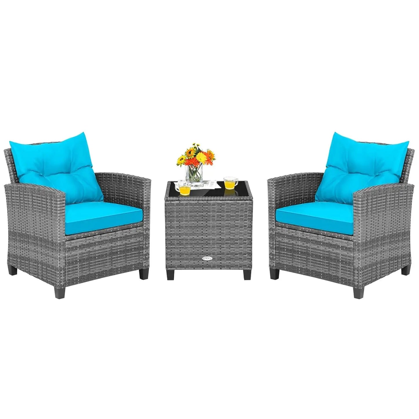 3-Piece Patio Furniture Set – PE Rattan Wicker Sofa Set with Washable Cushions & Tempered Glass Table