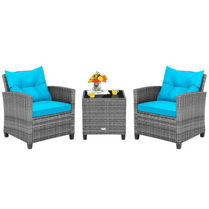 3-Piece Patio Furniture Set – PE Rattan Wicker Sofa Set with Washable Cushions & Tempered Glass Table