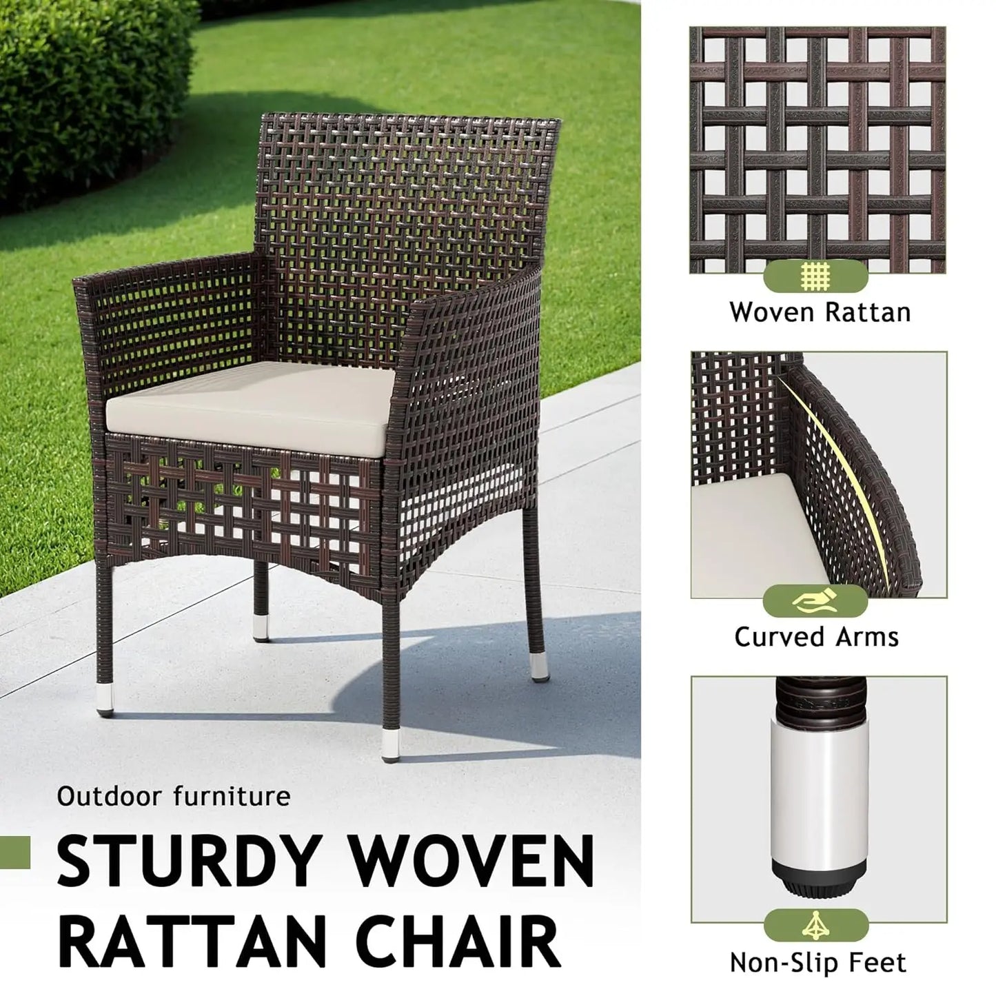 3-Piece Outdoor Patio Furniture Set, Brown/Grey, Wicker Chairs with Glass-Top Coffee Table, for Garden, Balcony & Porch