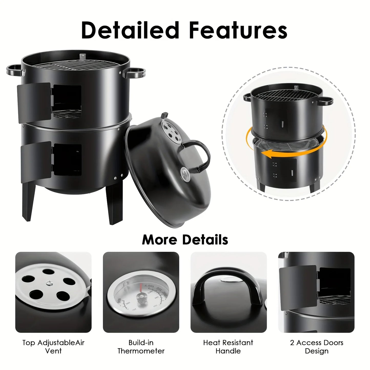 16" Portable Vertical Charcoal Smoker Grill with 3 Cooking Levels & Temperature Control