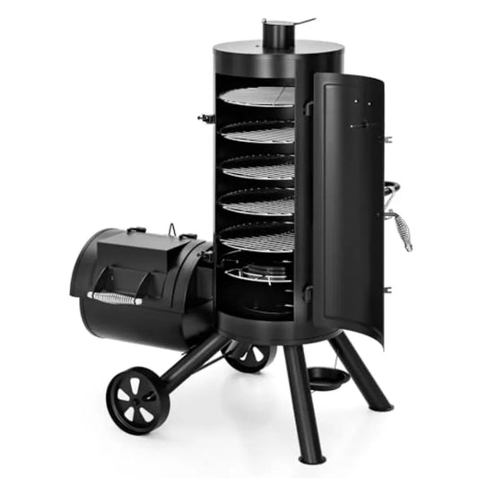 Extra-Large Vertical Offset Charcoal Smoker Grill Combo with Hanging Racks & 5 Removable Grates