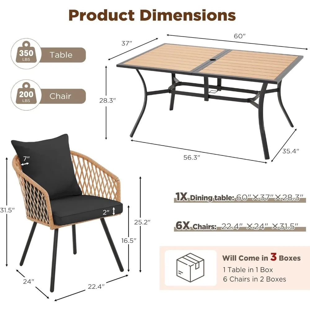 All-Weather Rattan Patio Dining Set with 60" Wood Tabletop, Cushions & Umbrella Hole (5/7/9-Piece)