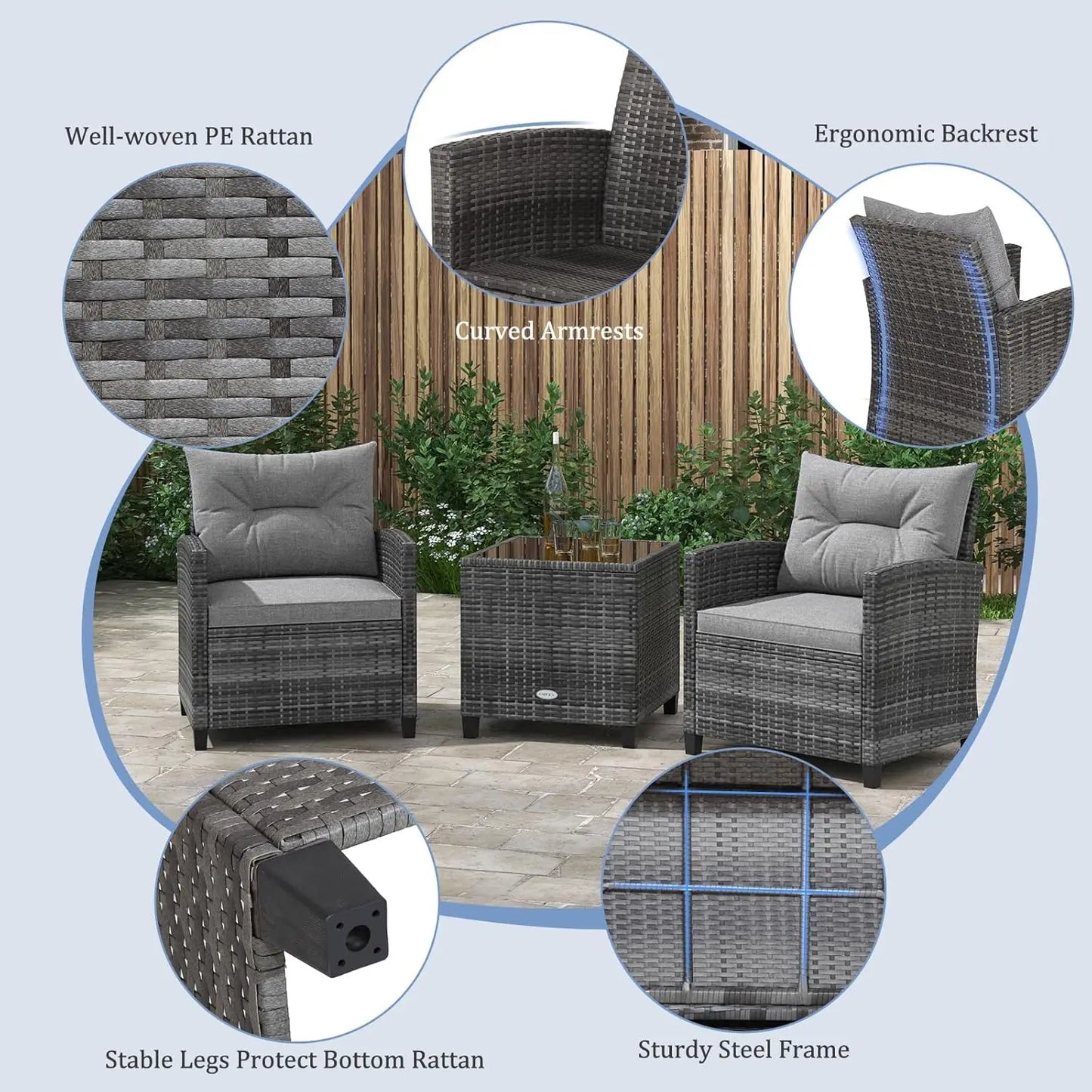 3-Piece Patio Rattan Conversation Set with Washable Cushions & Glass Table