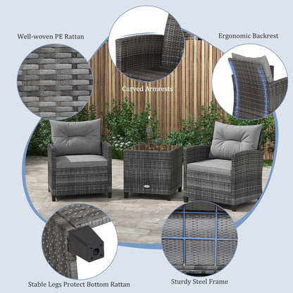 3-Piece Patio Rattan Conversation Set with Washable Cushions & Glass Table