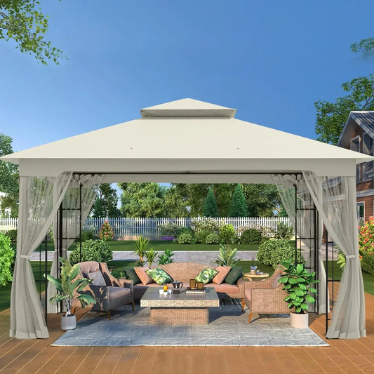 10' x 12' Outdoor Soft-Top Gazebo with Double Roof, Netting & All-Weather Design