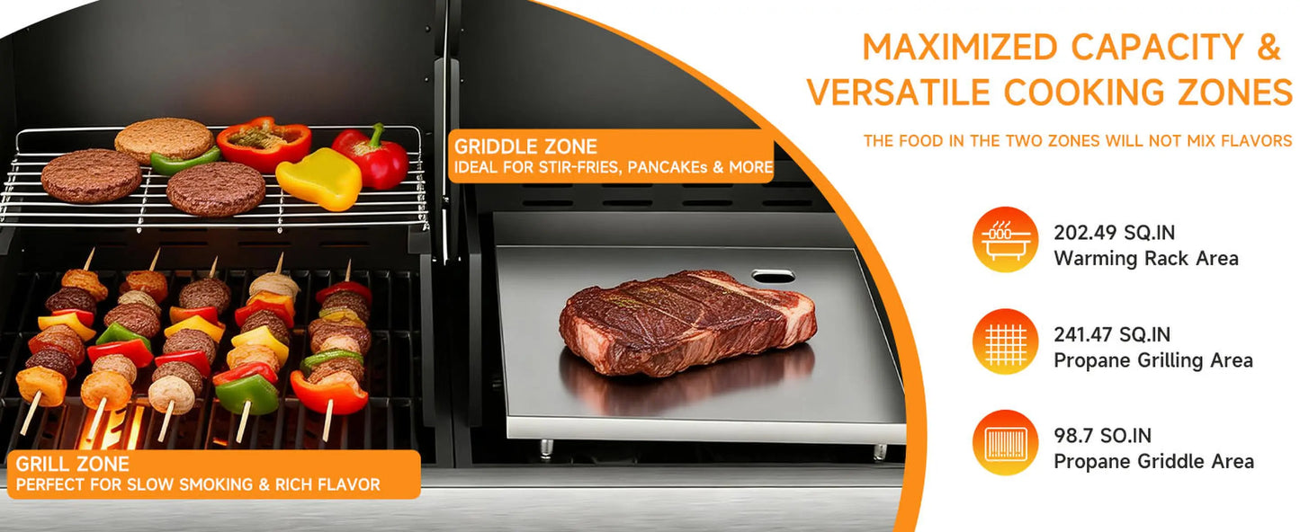 Gas Grill & Flat-Top Griddle Combo, 54,000 BTU Dual Cooking System, 5-Burner Grill Stove, Stainless Steel Panel for Outdoor Cooking.