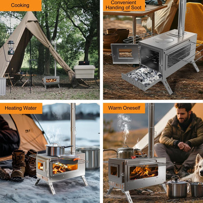 Heavy-Duty Portable Stainless Steel Wood Burning Tent Stove with 7 Chimney Pipes for Outdoor Camping & Heating