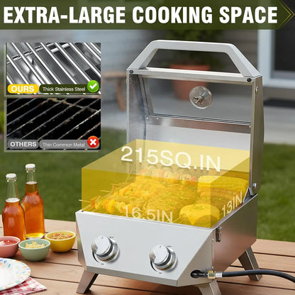 20000 BTU 2-Burner Tabletop Gas Grill – Stainless Steel Grill with Glass Lid, Portable Outdoor Cooking Grill