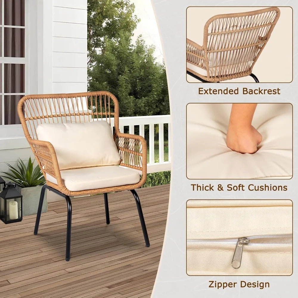 3-Piece Outdoor Wicker Bistro Set, 2 Rattan Chairs with Tempered Glass Table