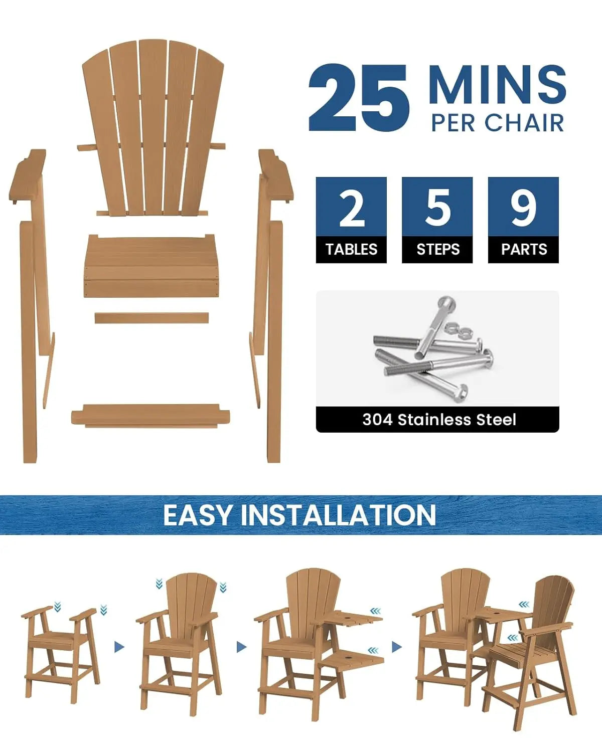 Set of 2 HDPE Tall Adirondack Chairs with Connecting Tray, All-Weather Design