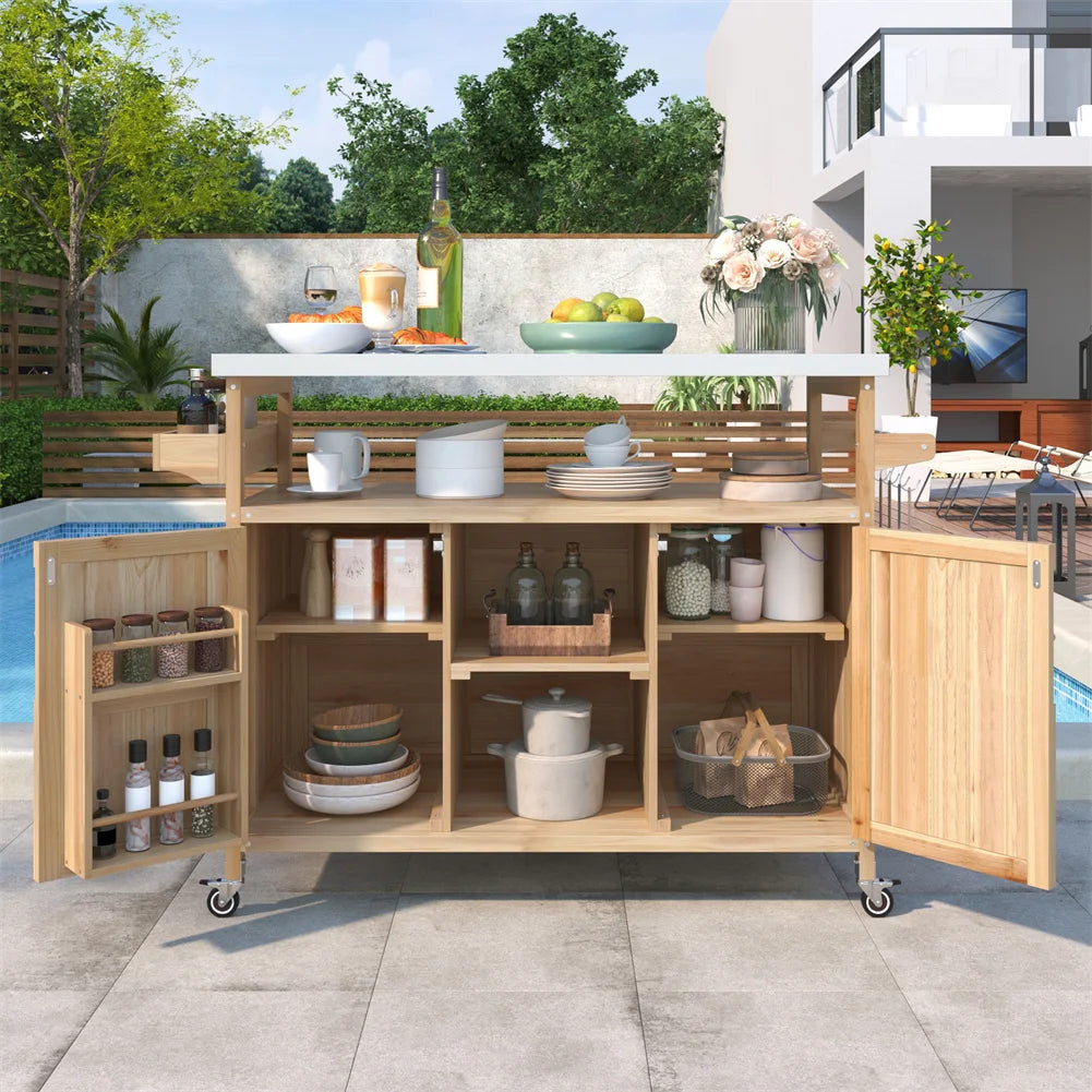 Portable Bar Tables- Outdoor Grill Prep Table with Storage- Tabletop Spice Rack- Internal Storage Racks- 4 Locking Mobile Wheels