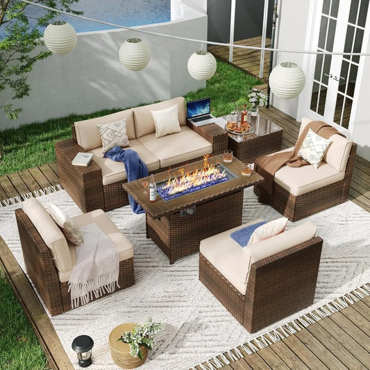 7-Piece Outdoor Patio Furniture Set, Wicker Conversation Set with 44" Fire Pit Table, Thick Cushions