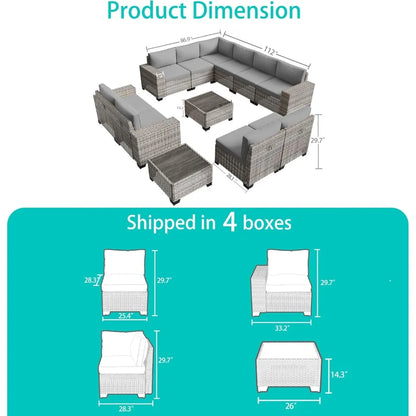 12-Piece Outdoor Wicker Patio Furniture Set, Sectional Sofa Conversation Set with Thick Cushions & Side Table